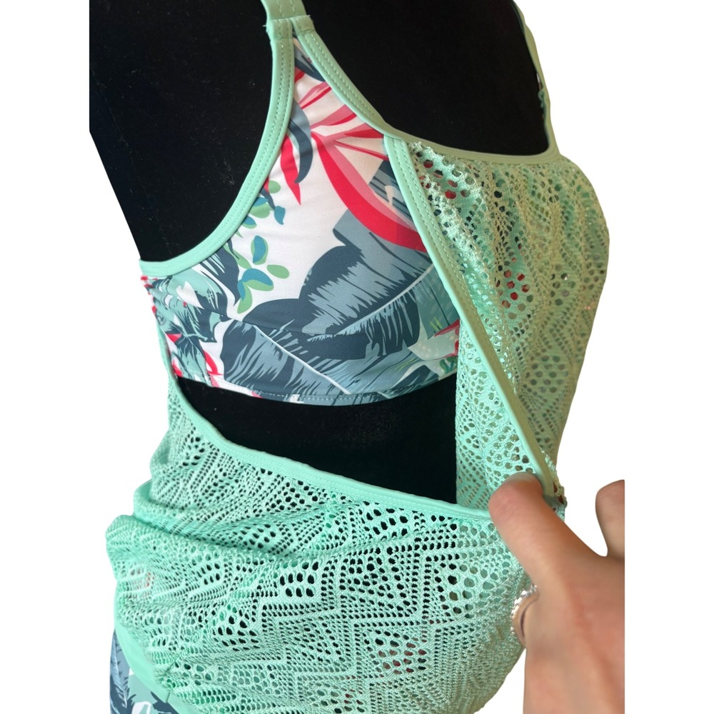 Women's Tankini Swim Set Size S Mint Green Tropical Palm Crochet Boy Shorts NWOT - Picture 6 of 10